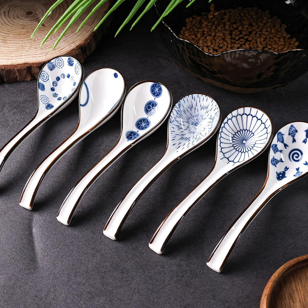 HANSGO Asian Soup Spoon  6 PCS Ceramic Soup Spoons for Ramen  Pho  Wonton  Miso  Dumplings  Rice  Noodle  Elegant Gifts for Friends Parents Family  with Long Handle  Easy to Hold  Non-slip Bottom