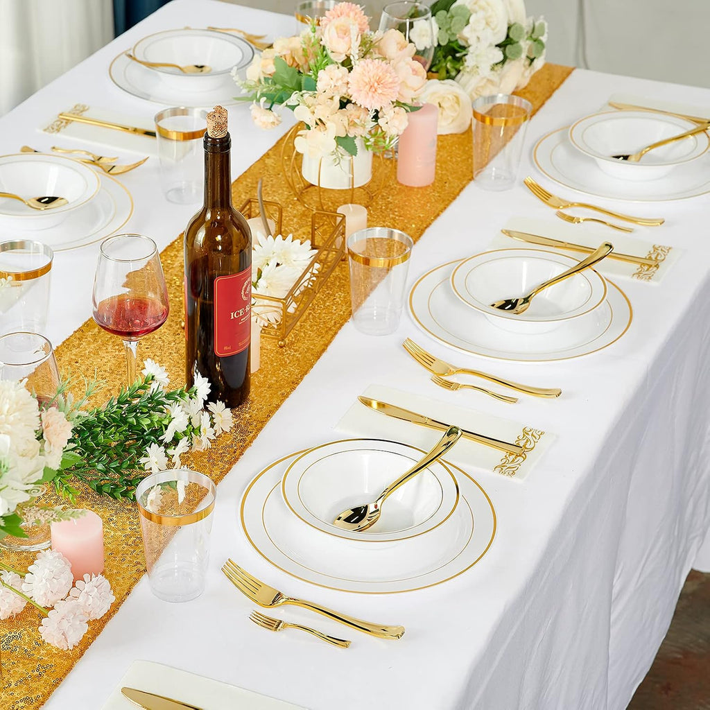 JOLLY PARTY 50PCS Plastic Bowls with Gold Rim-12oz disposable Soup Bowls  Christmas Thanksgiving Premium Dessert Salad Bowl for Wedding/Party