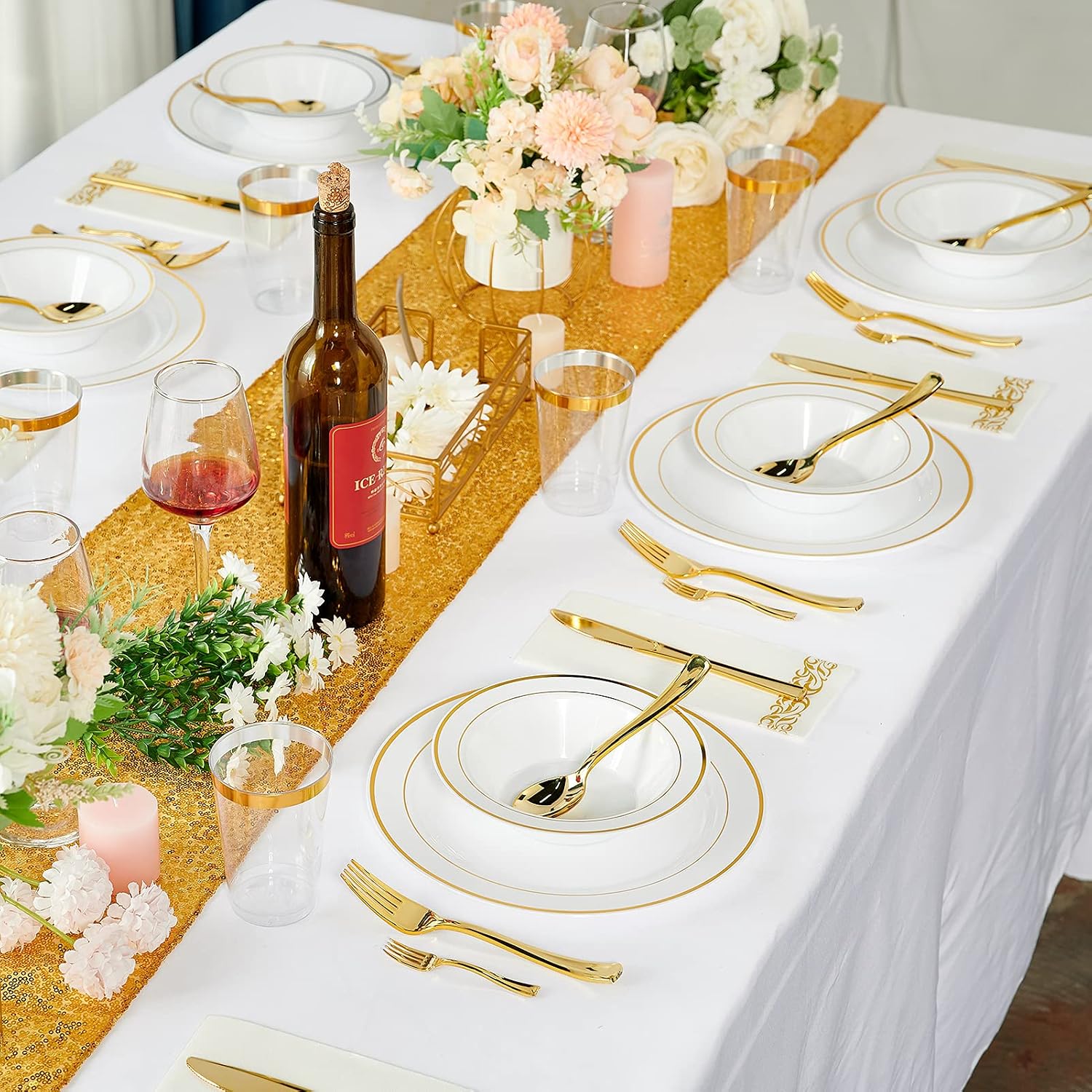 JOLLY PARTY 50PCS Plastic Bowls with Gold Rim-12oz disposable Soup Bowls  Christmas Thanksgiving Premium Dessert Salad Bowl for Wedding/Party