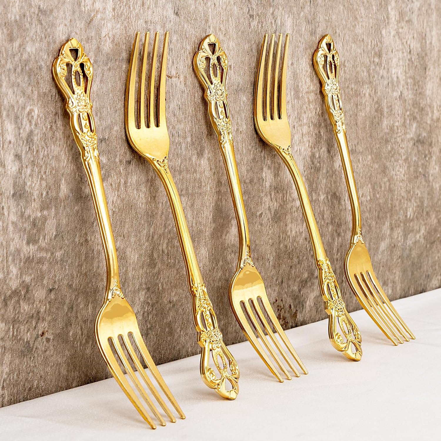 30PCS Gold Plastic Forks - 8.1inch Gold Forks Disposable - Vintage Heavy Duty Dessert Forks - Premium Fancy Plastic Silverware for Parties  Weddings  Dinners and Events