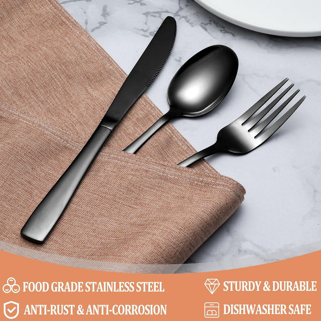 20 Pcs Black Silverware Set  Food-Grade Stainless Steel Flatware Set for 4  Square Cutlery Set  Mirror Polished Tableware Eating Utensils Set for Kitchen  Include Knife Fork Spoon Set Dishwasher Safe