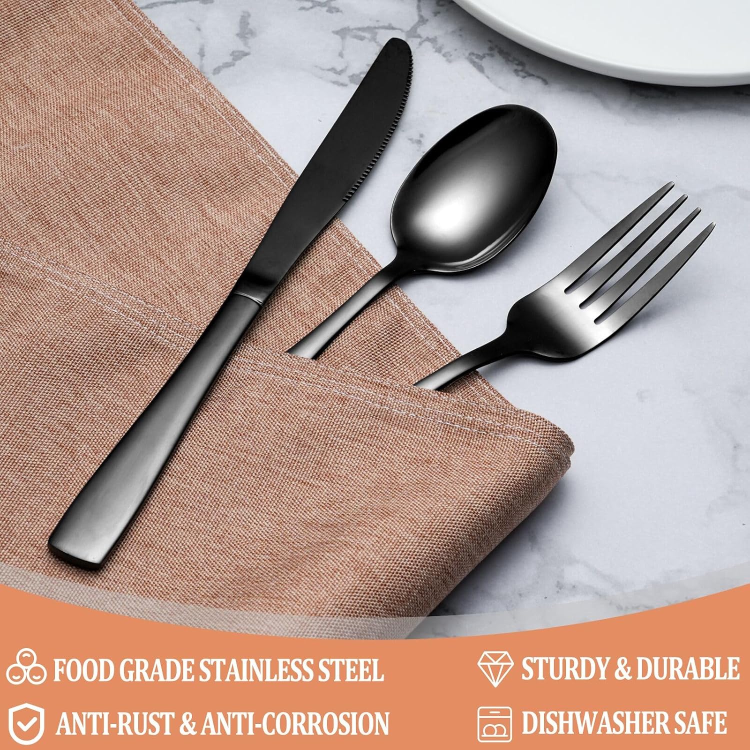 20 Pcs Black Silverware Set  Food-Grade Stainless Steel Flatware Set for 4  Square Cutlery Set  Mirror Polished Tableware Eating Utensils Set for Kitchen  Include Knife Fork Spoon Set Dishwasher Safe