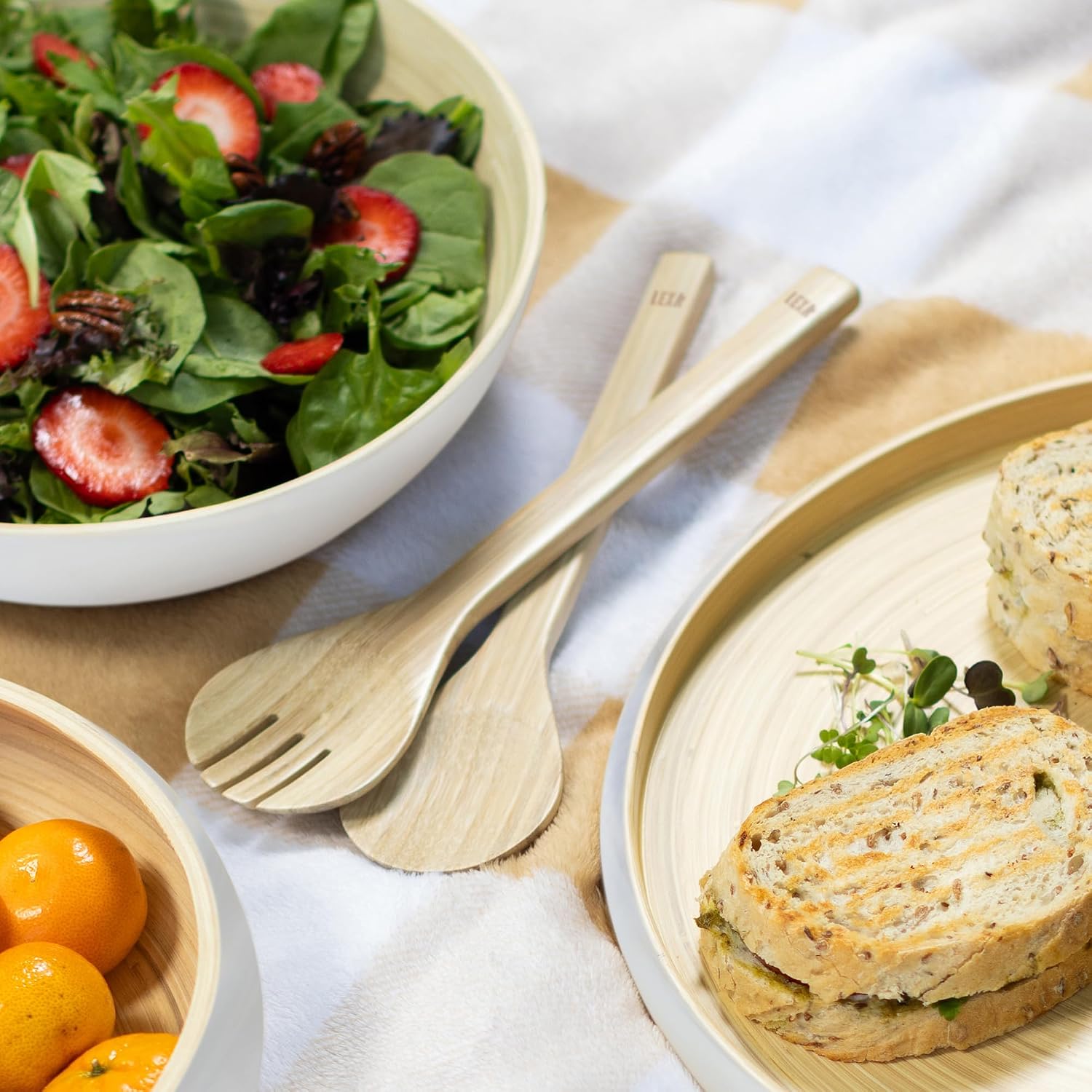 LEXA Bamboo Salad Utensil Set  12 Inch – Handmade Eco-Friendly Serving Spoon & Fork  Natural Bamboo  Durable & Unique  Perfect for Salads  Fruits & Entertaining