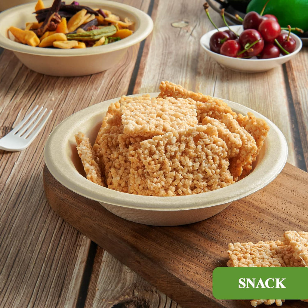 Vplus 500 Pack 12 OZ Paper Bowls Bulk  Disposable Compostable  Eco-friendly Bagasse  Heavy-duty Bowls Perfect for Milk Cereals  Snacks  Salads Nature