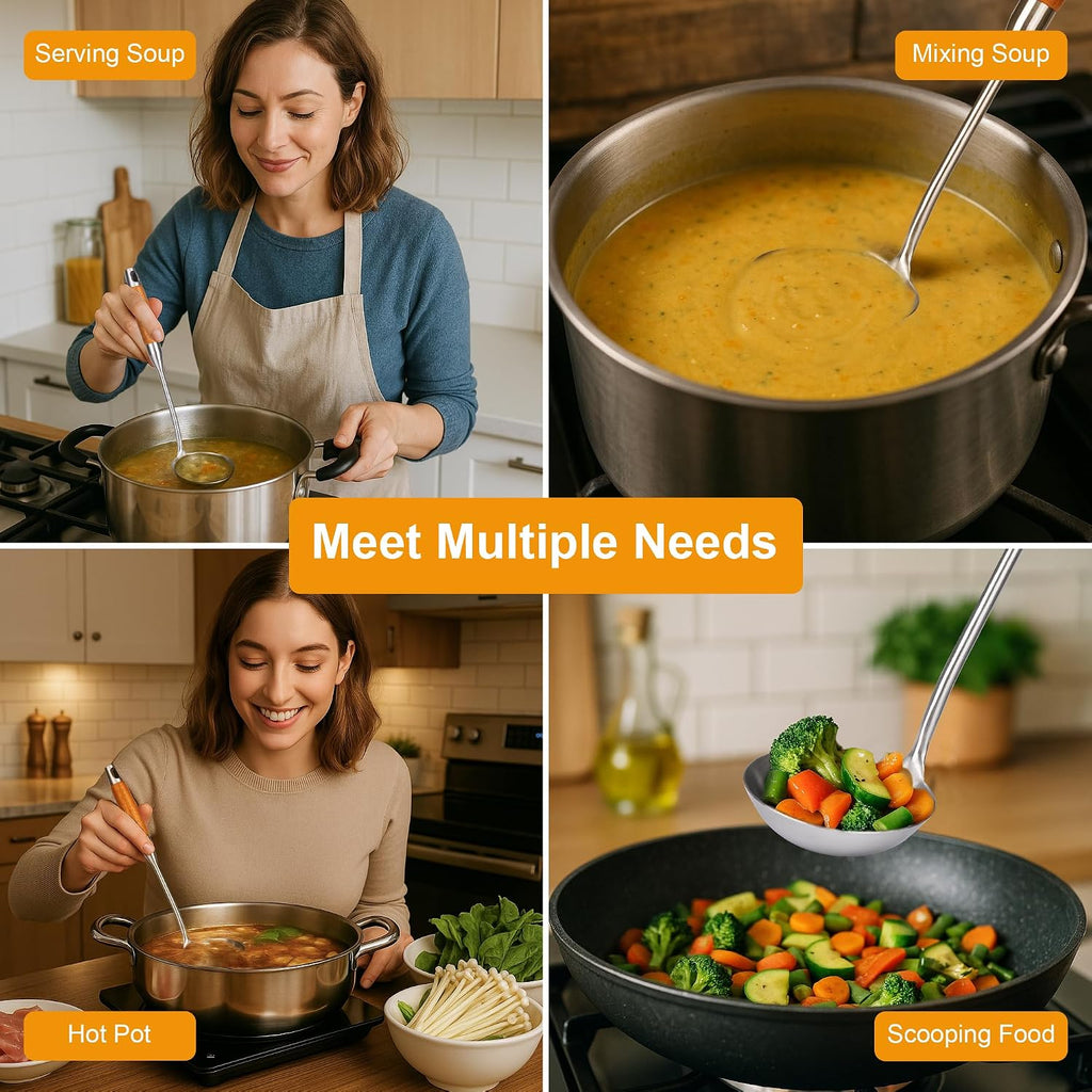 FJNATINH Soup Ladle  Stainless Steel Ladle with Heat Resistant Wooden Handle  Food Grade Metal Cooking Soup Spoon Kitchen Tools  Easy to Clean