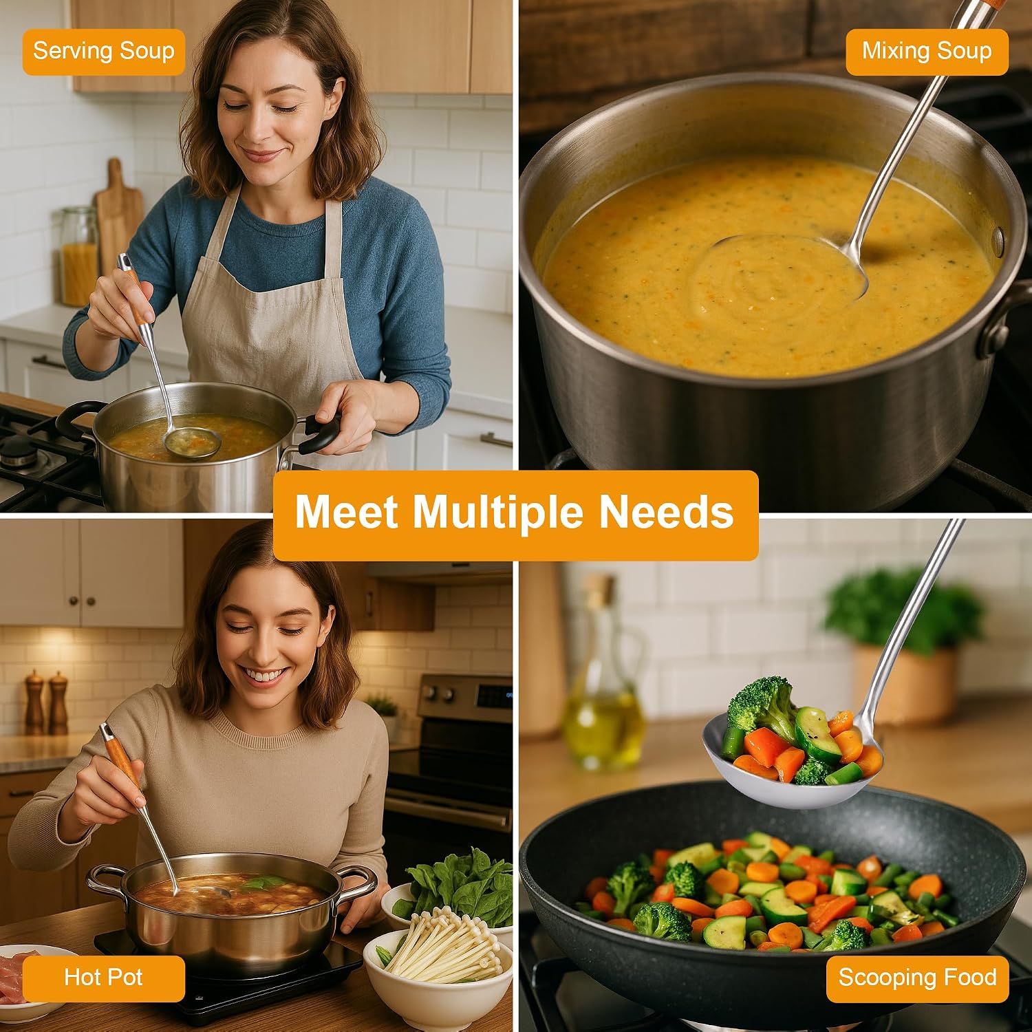 FJNATINH Soup Ladle  Stainless Steel Ladle with Heat Resistant Wooden Handle  Food Grade Metal Cooking Soup Spoon Kitchen Tools  Easy to Clean