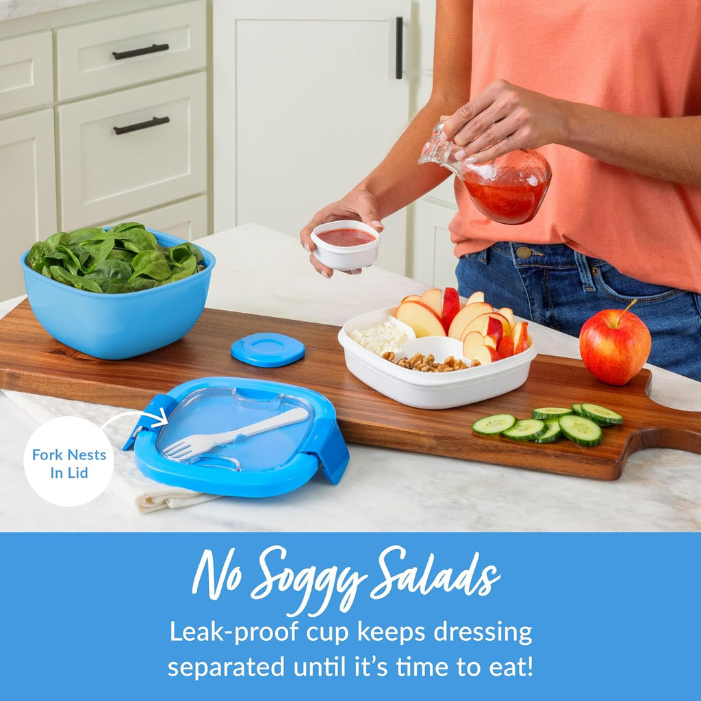 Bentgo Salad Container - 54 oz Bowl with 4-Compartment Toppings Tray  Leak-Proof Dressing Container  Reusable Fork  BPA-Free Lunch Box for Meal Prep & Food Storage; Removable Bento Tray (Blue)