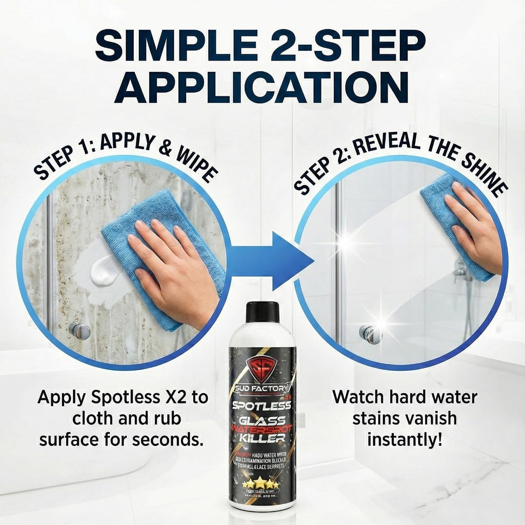 Sud Factory Hard Water Spot Remover for Glass Spotless X2 - Removes Water Stains from Shower Doors  Car Windows  Windshields - Professional Strength 16oz