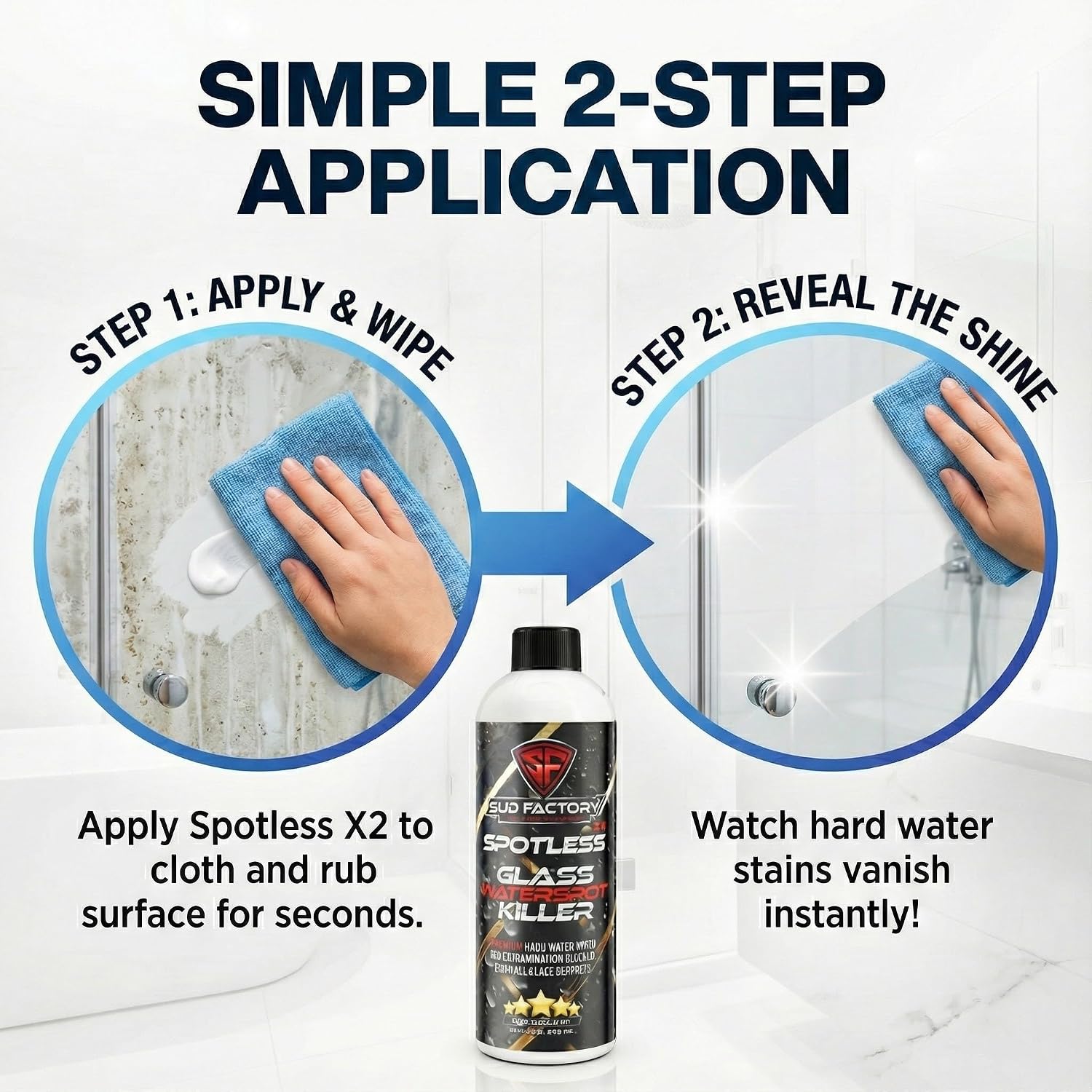 Sud Factory Hard Water Spot Remover for Glass Spotless X2 - Removes Water Stains from Shower Doors  Car Windows  Windshields - Professional Strength 16oz
