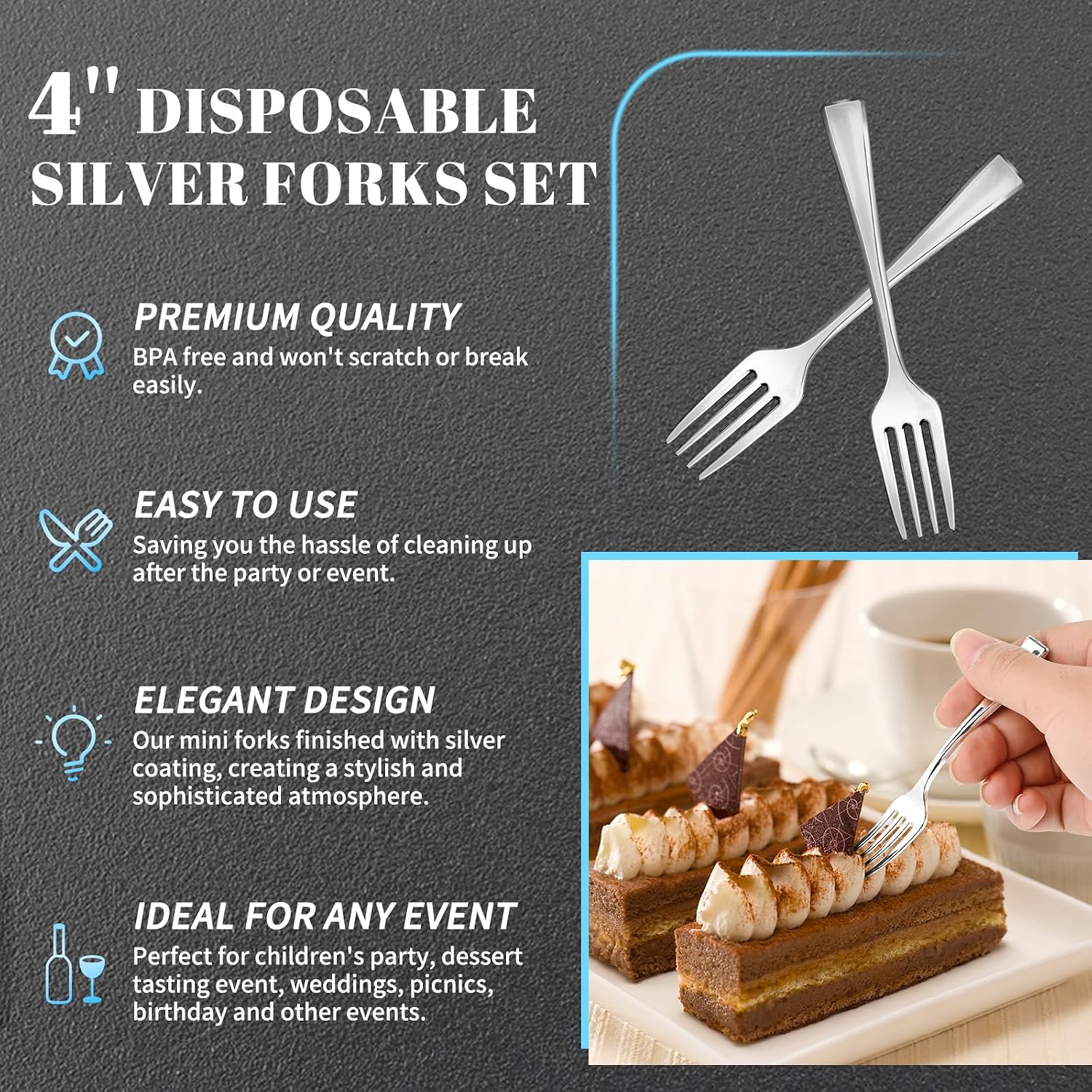 100CT Plastic Mini Forks 4 Inch Heavy Duty Small Silver Dessert Forks Disposable Tiny Forks for Appetizers Tasting  Cocktail Hors D'oeuvres  Charcuterie Board  Wedding Reception