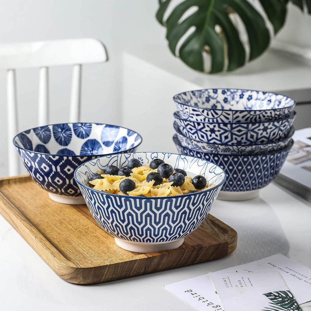 Selamica Blue and White Porcelain 20oz Cereal Bowl Set - Set of 6  6 inch Soup Bowls  Ceramic bowls for Cereal  Soup  Salad and Pasta  Vintage Blue