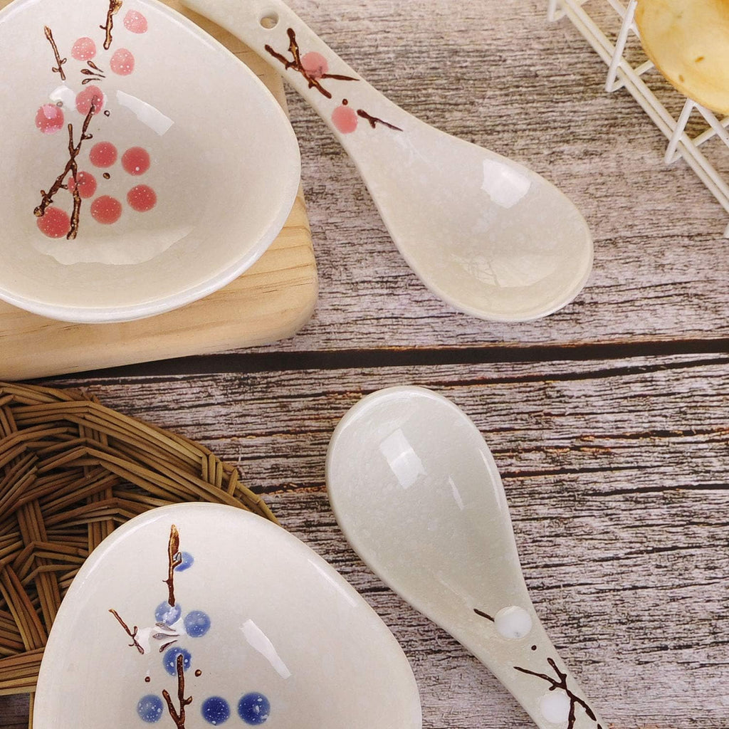 VanEnjoy Set of 4 Chinese/Japanese Ceramic Soup Spoons  Pink Cherry Blossom in Snow Pattern Ceramic Spoon Suitable for Soup
