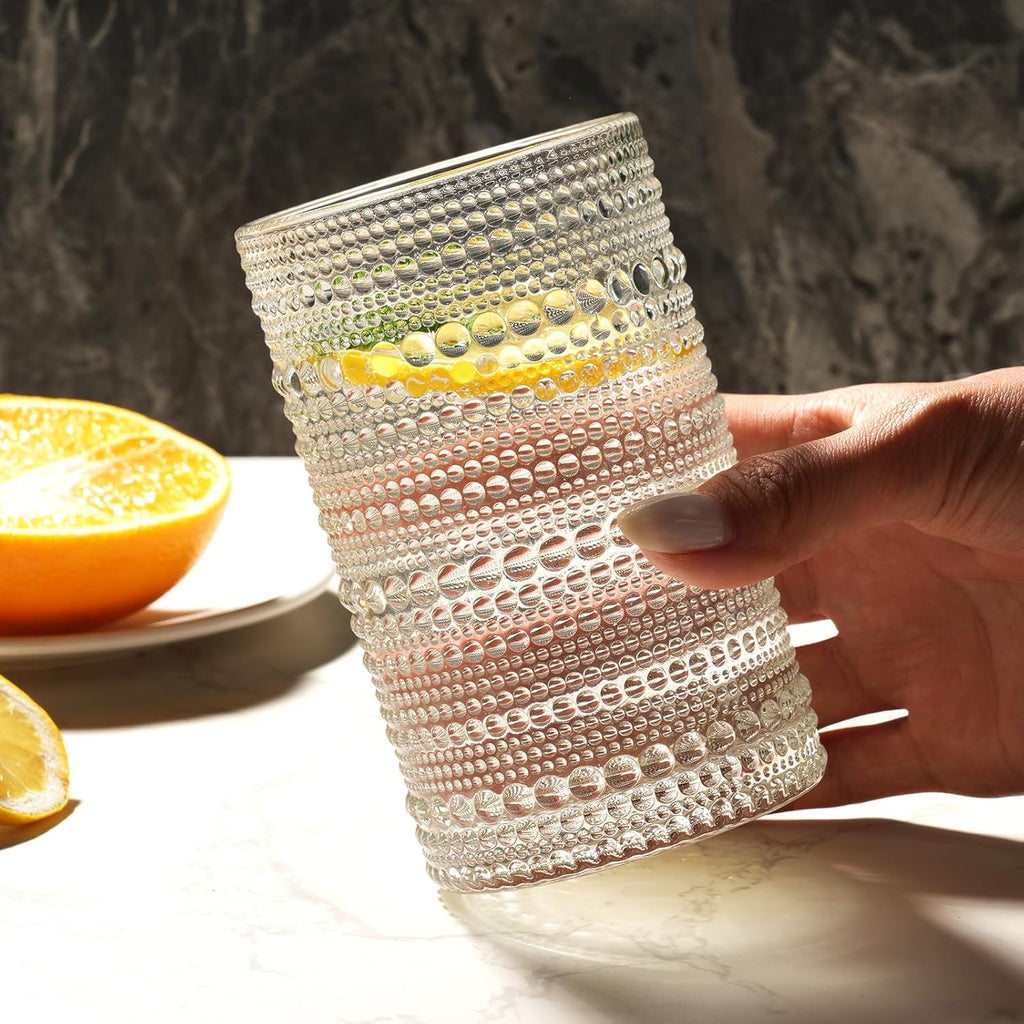 Moretoes Hobnail Drinking Glasses Set of 12 12 Oz Highball Glasses Clear Embossed Boho Water Glass Cups Kitchen Bar Tumbler Glassware Set for Whiskey  Beer  Juice  Milk and Various Mixed Drinks