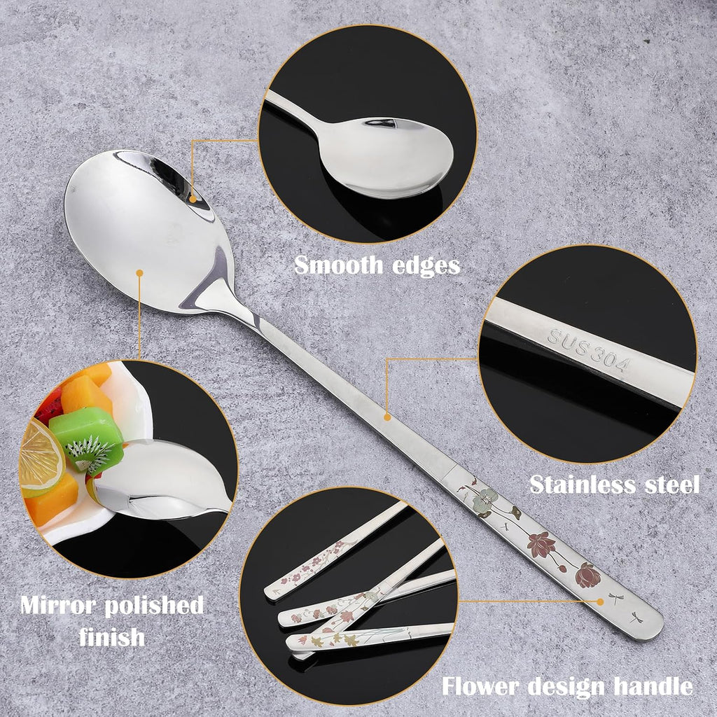 Grevosea 4 Pcs Korean Soup Spoons Stainless Steel 8 Inch Long Handle Tablespoon Asian Soup Spoon Cute Dinner Spoons for Home Kitchen or Restaurant  Dishwasher Safe (Flowers)