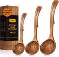 Wooden Ladle for Soup  3 Size Teak Wood Ladle Spoon with Back Hooks  Heat Resistant Wooden Spoons for Cooking  Non-Stick  Comfortable Grip  Wood Kitchen Utensils Set for Serving  Stirring