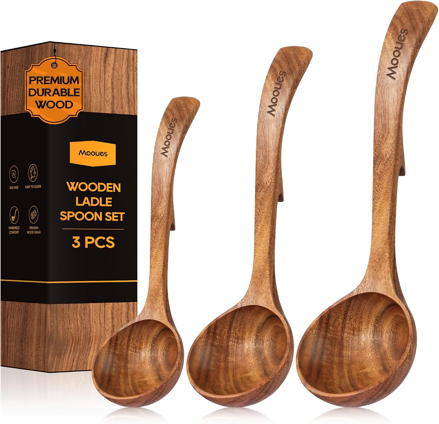 Wooden Ladle for Soup  3 Size Teak Wood Ladle Spoon with Back Hooks  Heat Resistant Wooden Spoons for Cooking  Non-Stick  Comfortable Grip  Wood Kitchen Utensils Set for Serving  Stirring
