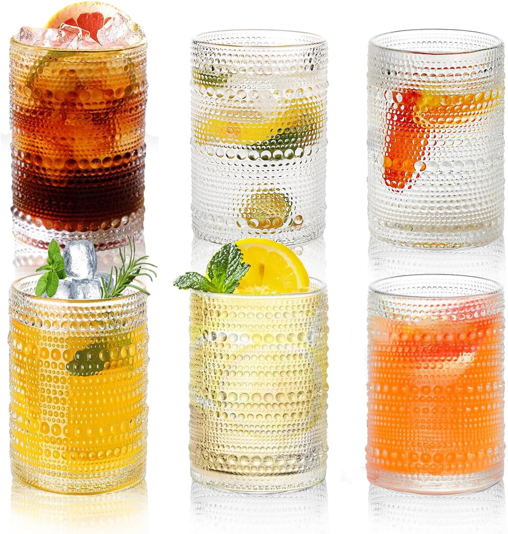 Hobnail Drinking Glasses Set of 6  16 Oz Vintage Embossed Glass Cup Kitchen Glassware Water Tumblers for Cocktails  Beer  Juice  Whiskey