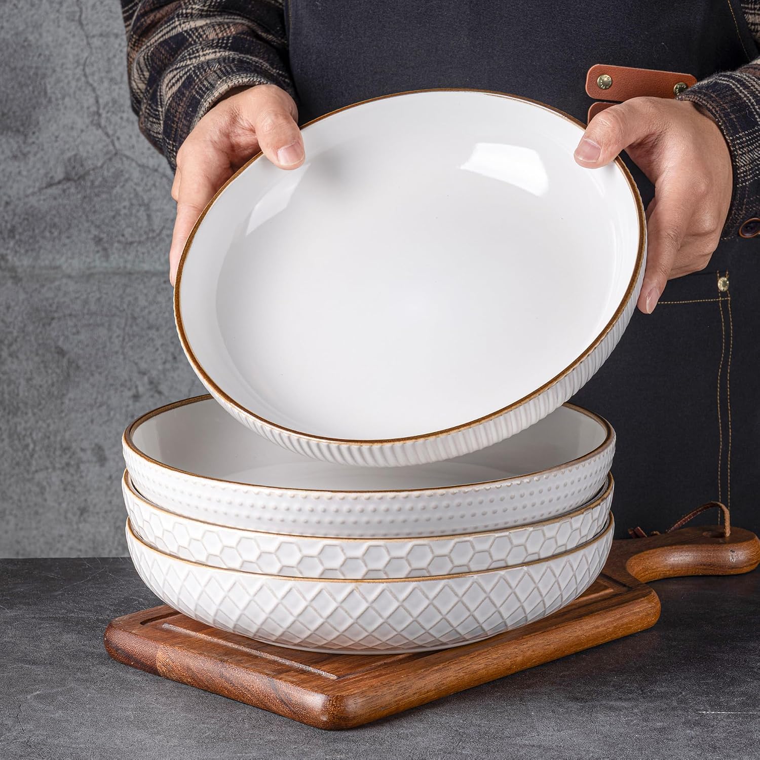 GBHOME 9.5'' Large Pasta Bowls  42 Ounce Stoneware Salad Bowls for Kitchen  Ceramic Serving Bowls With Textured Pattern for Pasta Fruit  Stews Noodle  House-warming Gift Set of 4-Off White