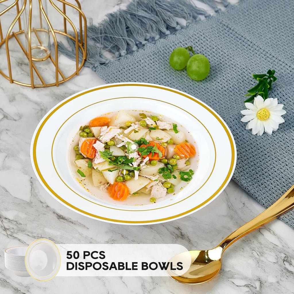 JOLLY PARTY 50PCS Plastic Bowls with Gold Rim-12oz disposable Soup Bowls  Christmas Thanksgiving Premium Dessert Salad Bowl for Wedding/Party