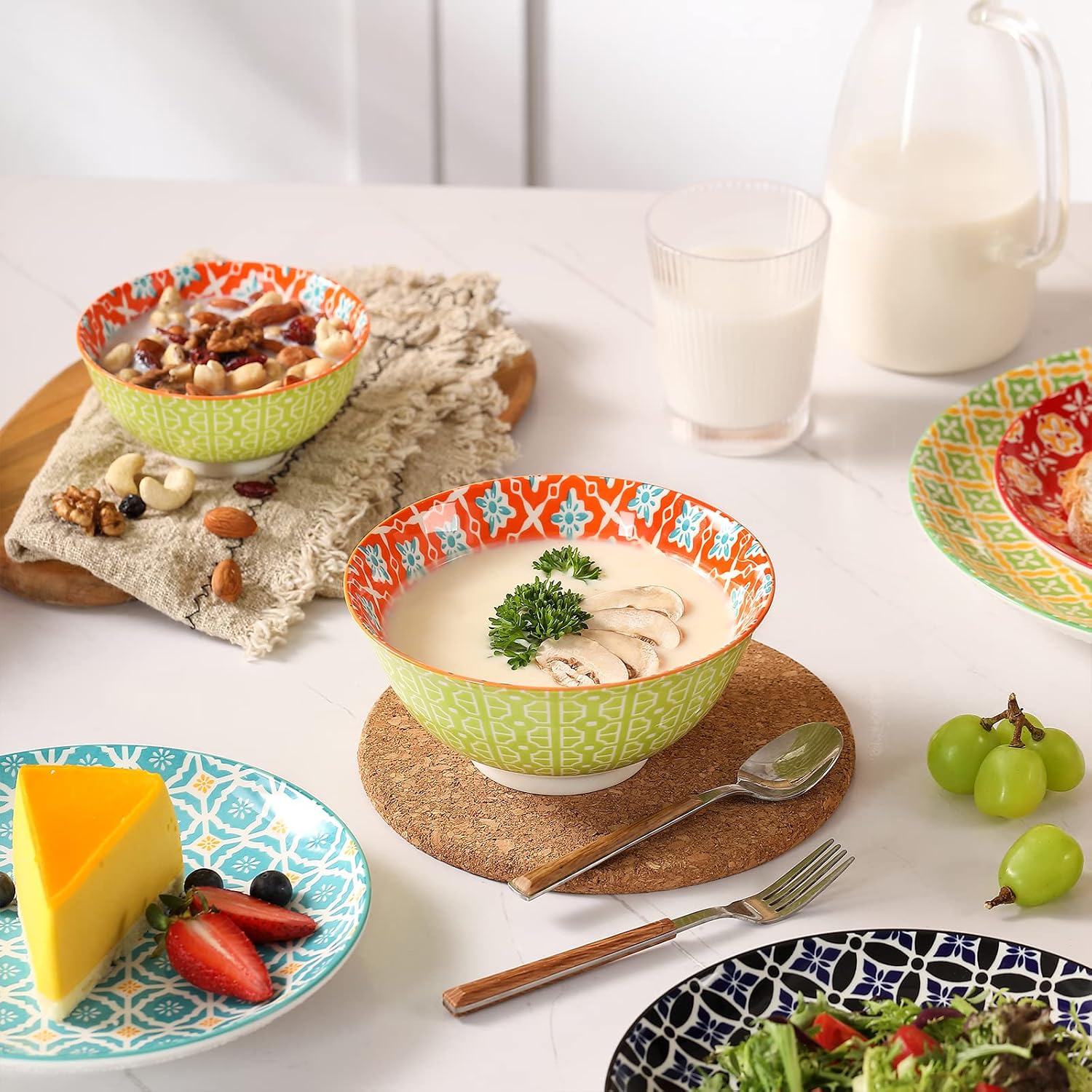 Ceramic Cereal Bowls  23 Oz Colorful Soup Bowls  Deep Porcelain Bowl Set for Salad  Dessert  Pasta  Ice Cream Set of 6