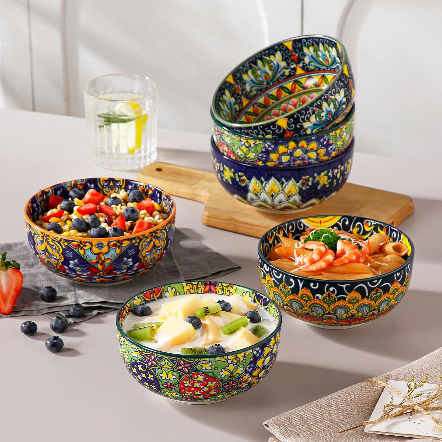 vancasso Cereal Bowls Set of 6  Bohemian Ceramic Soup Bowls  28 oz Colorful Bowls Set for Kitchen  Dishwasher & Microwave Safe for Salad  Pasta  Rice  Oatmeal  Fruit