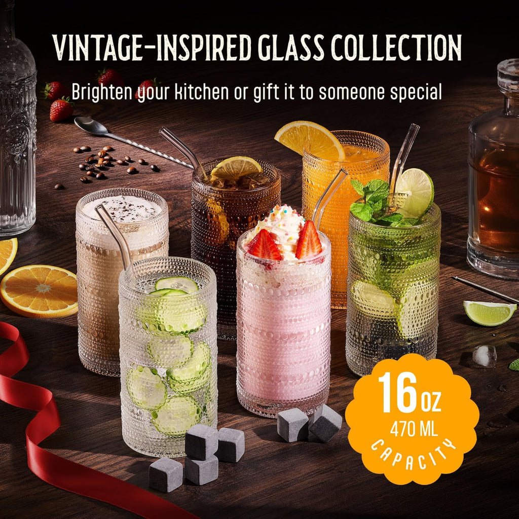 16 Oz Hobnail Drinking Glasses Set of 6 - Clear Multipurpose Glassware Sets  Decorative & Stylish Glasses Drinking Set for Bar  Kitchen  Cocktail Glassware  Garden - Home  Dining  & Kitchen
