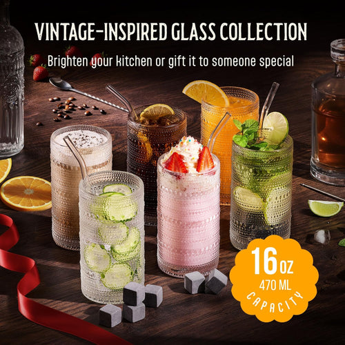 16 Oz Hobnail Drinking Glasses Set of 6 - Clear Multipurpose Glassware Sets  Decorative & Stylish Glasses Drinking Set for Bar  Kitchen  Cocktail Glassware  Garden - Home  Dining  & Kitchen