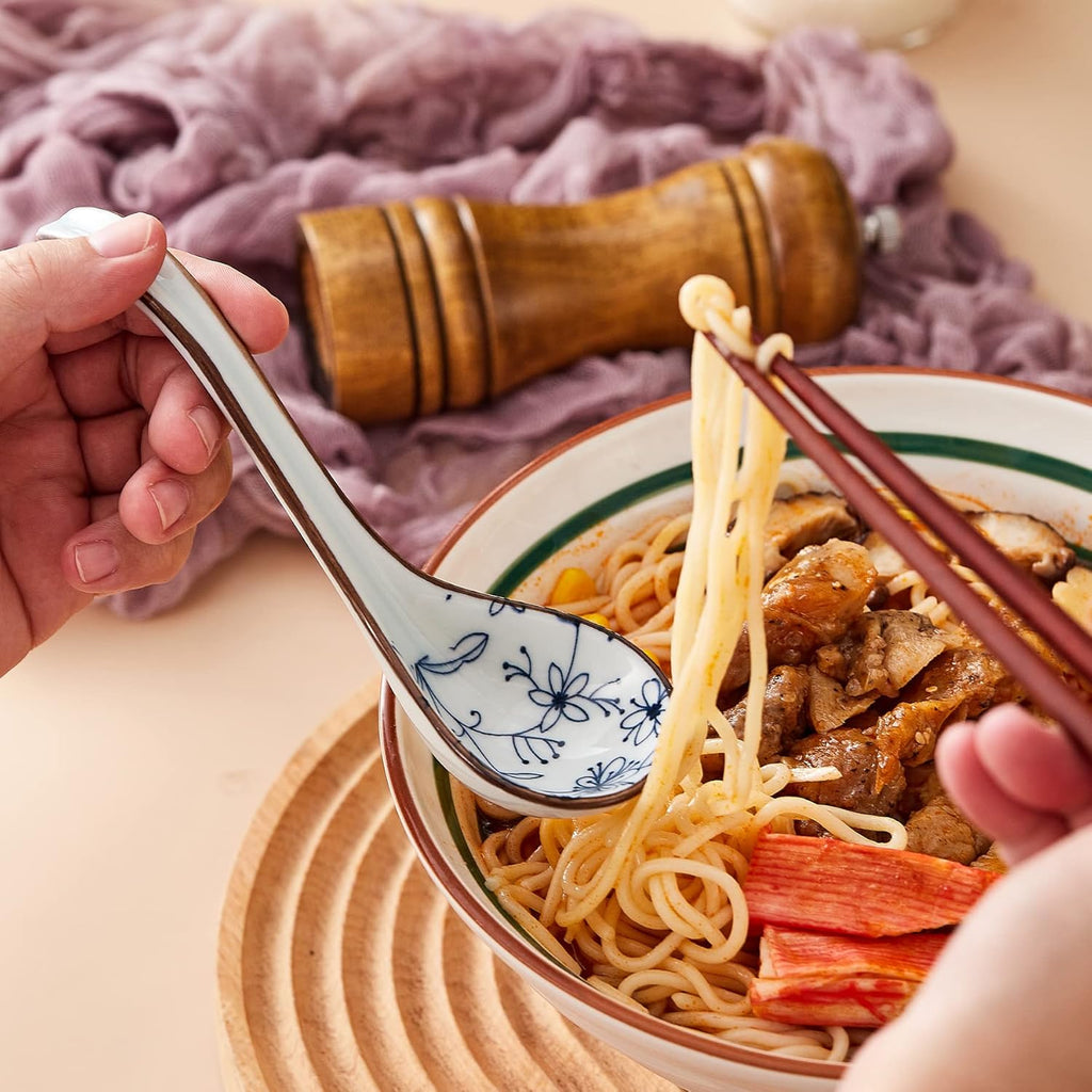 Ceramic Asian Soup Spoons  Easy to Hold  Long Handle Perfect Depth Spoon Set for Japanese Ramen Noodles  Chinese Dumpling  Pho  Miso  Wonton  Dishwasher Safe -Set of 4 - Blue
