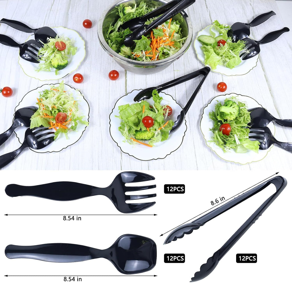 36Pcs Black Plastic Serving Utensils Disposable Serving Spoons Forks Tongs for Party Utensils Supplies for Dinner Parties Buffets Salad Noodles Soup and Weddings (Black)