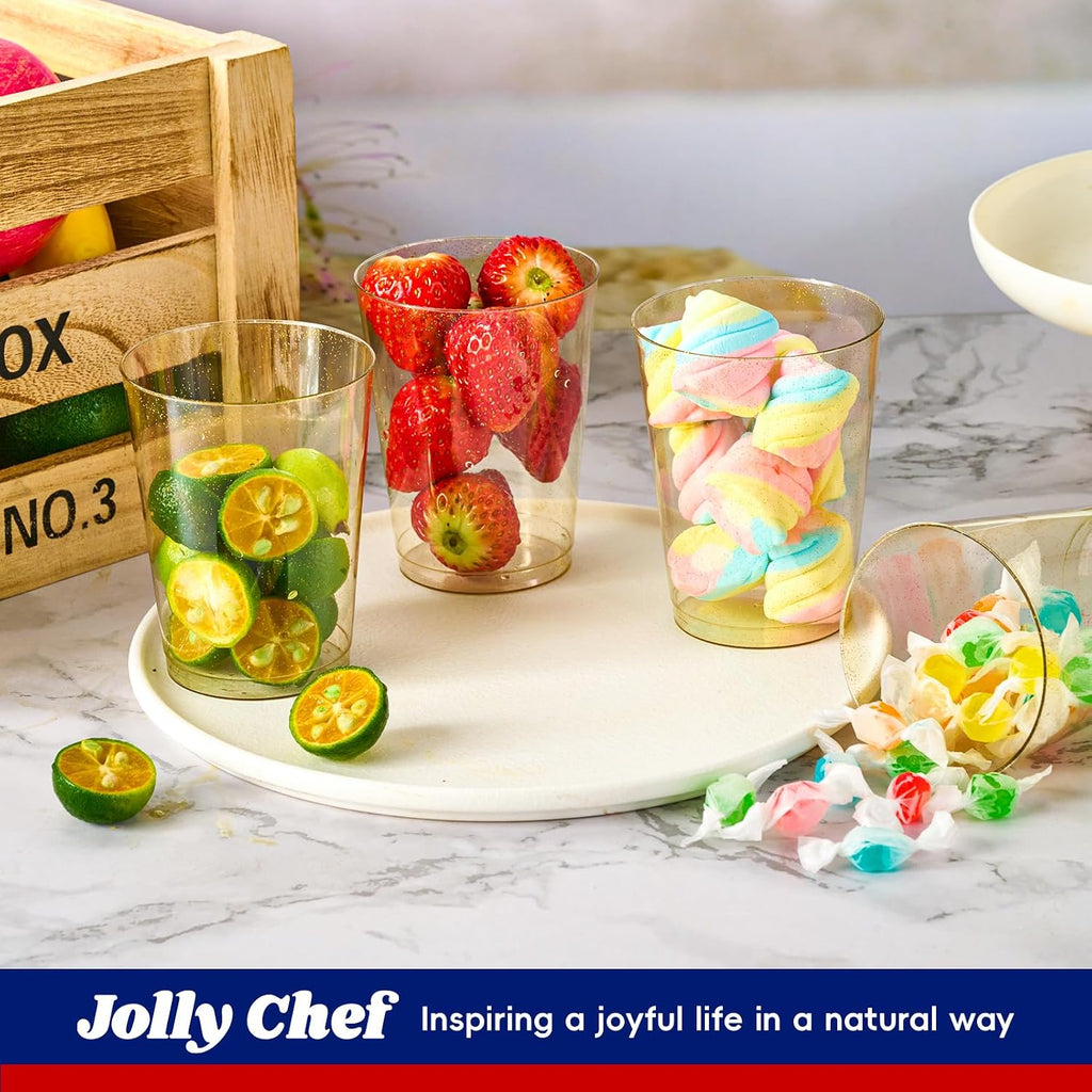 JOLLY CHEF 100 Pack 10 oz Gold Glitter Plastic Party Cups  Disposable Plastic Tumblers  Gold Drinking Glasses with Glitter Suitable for Wedding  Thanksgiving Day  Christmas Halloween