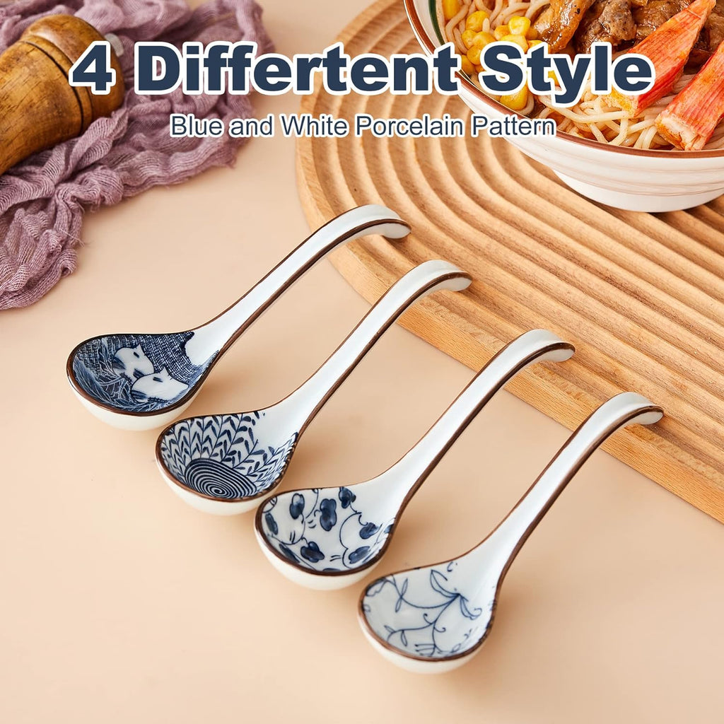 Ceramic Asian Soup Spoons  Easy to Hold  Long Handle Perfect Depth Spoon Set for Japanese Ramen Noodles  Chinese Dumpling  Pho  Miso  Wonton  Dishwasher Safe -Set of 4 - Blue