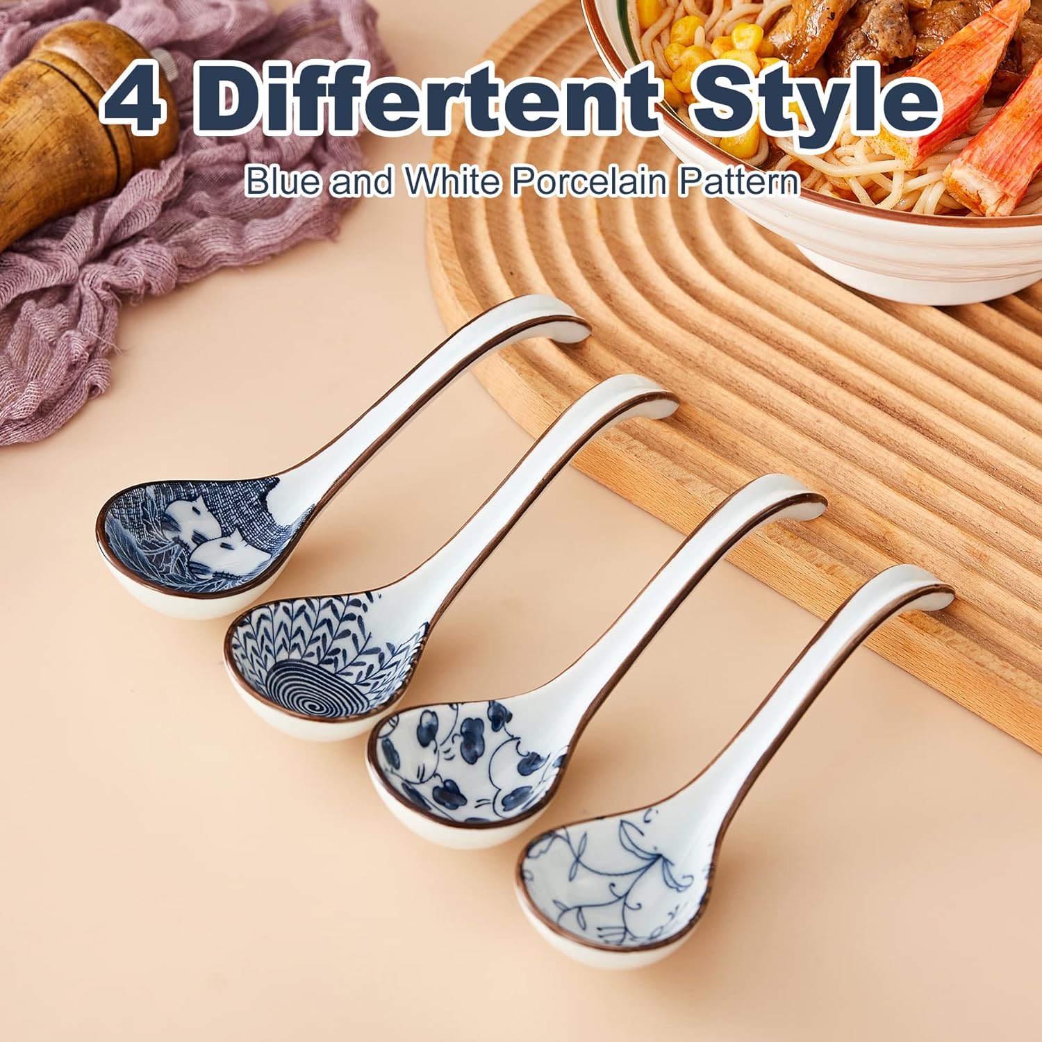 Ceramic Asian Soup Spoons  Easy to Hold  Long Handle Perfect Depth Spoon Set for Japanese Ramen Noodles  Chinese Dumpling  Pho  Miso  Wonton  Dishwasher Safe -Set of 4 - Blue