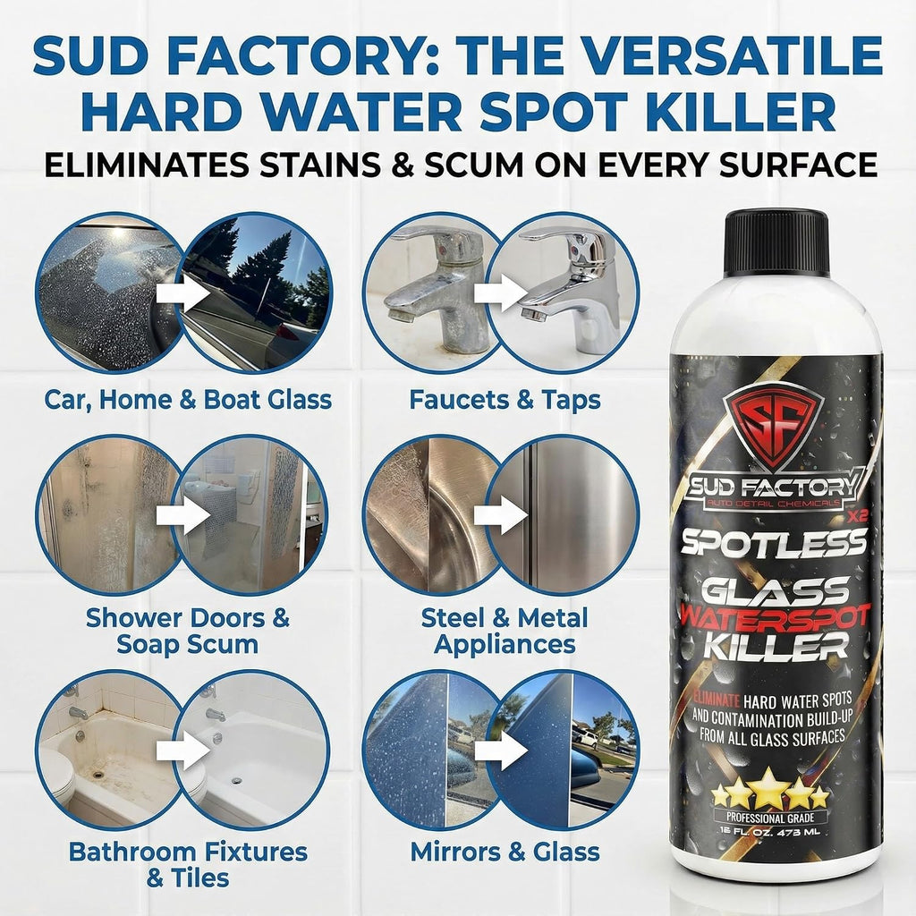 Sud Factory Hard Water Spot Remover for Glass Spotless X2 - Removes Water Stains from Shower Doors  Car Windows  Windshields - Professional Strength 16oz
