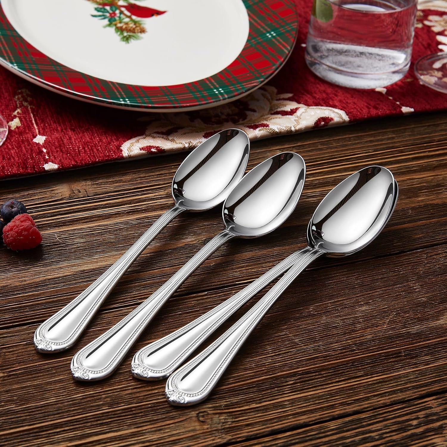 KEAWELL Pearl Edge 4-Piece Premium Spoon Set  18/10 Stainless Steel  Fine Silverware Spoons with Refined Bead Design  Brightly Polished  Dishwasher Safe (Silver  7.56" Dinner Spoons)