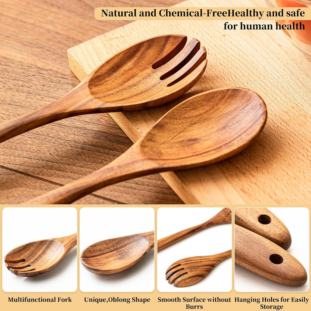 Gudamaye Acacia Wooden Salad Server Set 13 inch Salad Tongs for Serving including Salad Mixing Dinner Fork and Spoon Long Handle Salad Server Set
