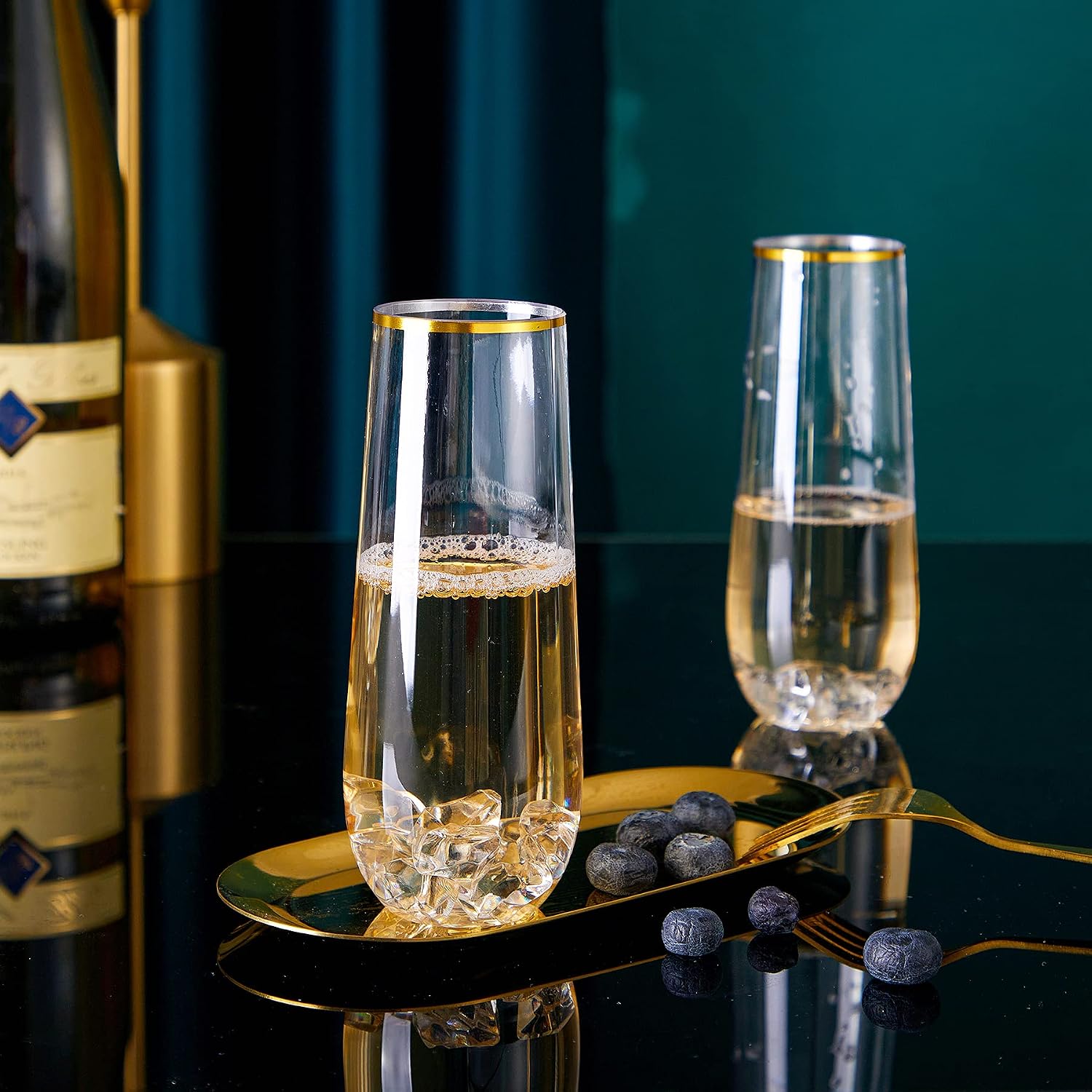 N9R 36PCS Plastic Champagne Flutes  9 Oz Stemless Disposable Gold Rim Toasting Glasses  Crystal Clear Cocktail Cups Drinkware Shatterproof Ideal for Party Wedding Birthday