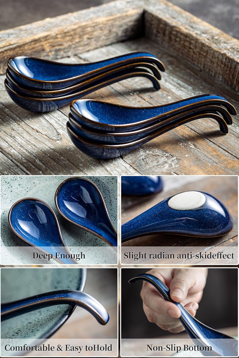 LYEOBOH Soup Spoons set of 6  Chinese Deep Soup Spoon - 6.5 inch Ceramic Korean Tablespoons for Ramen  Rice  Noodle  Asian Spoons with Deep Hook Design  Vintage Blue