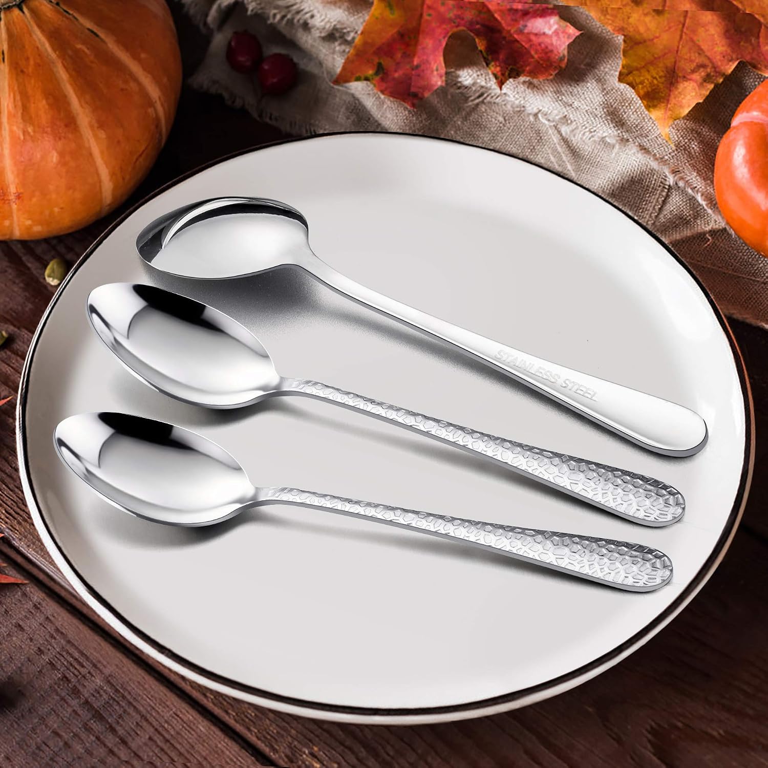 E-far 12-Piece Stainless Steel Hammered Dinner Spoons Set  Modern Silver Large Soup Spoons for Home  Kitchen  Restaurant  Round Edge & Mirror Polished  Dishwasher Safe - 7.9 Inches