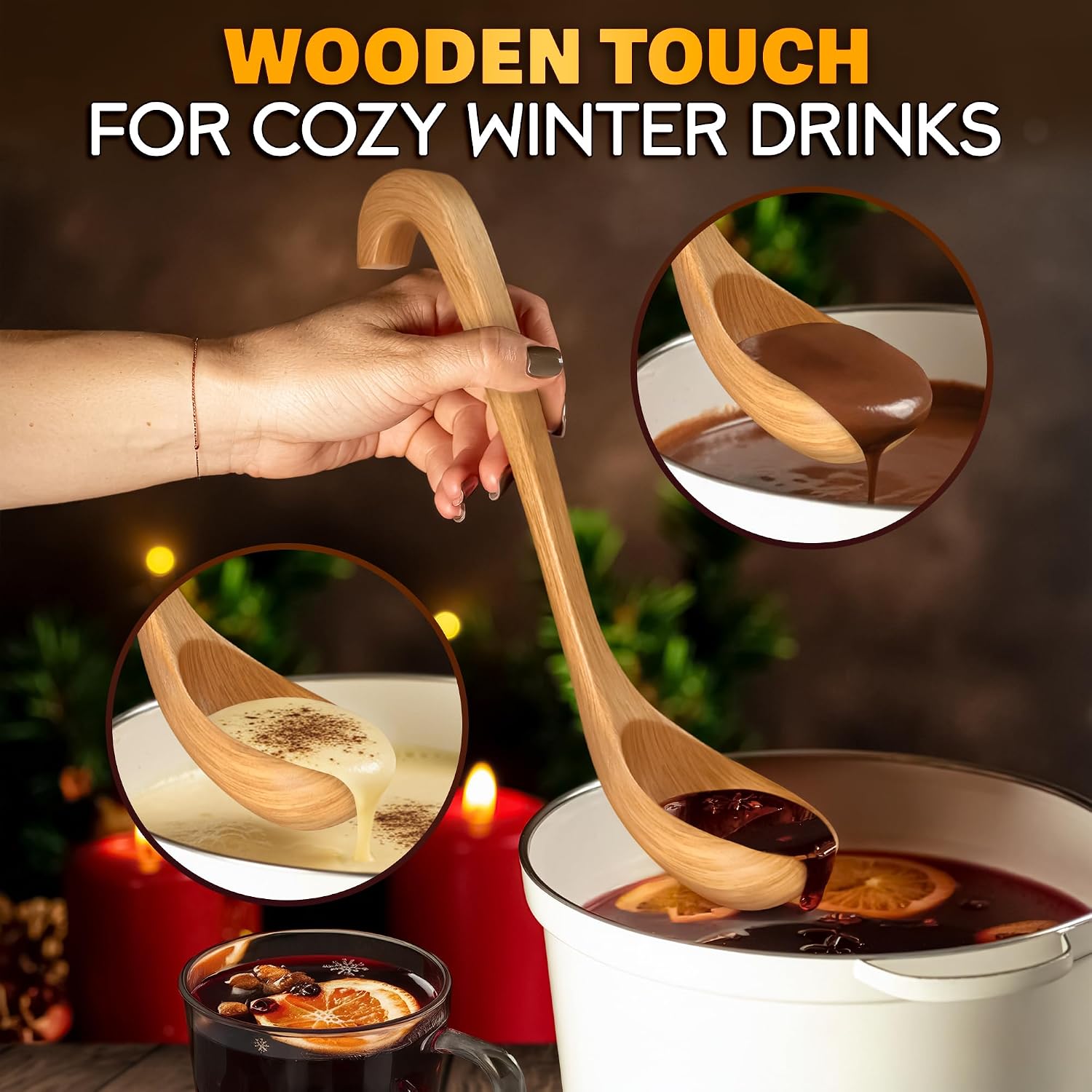 Wooden Ladle for Soup – 10.8×2.8" Deep Wood Ladle with 2.7 fl oz Capacity  Long Handle Hook-End & Lacquer Coating for Comfortable Grip – Easy-Clean Wooden Soup Spoon for Sauces  Stews & Kitchen Use