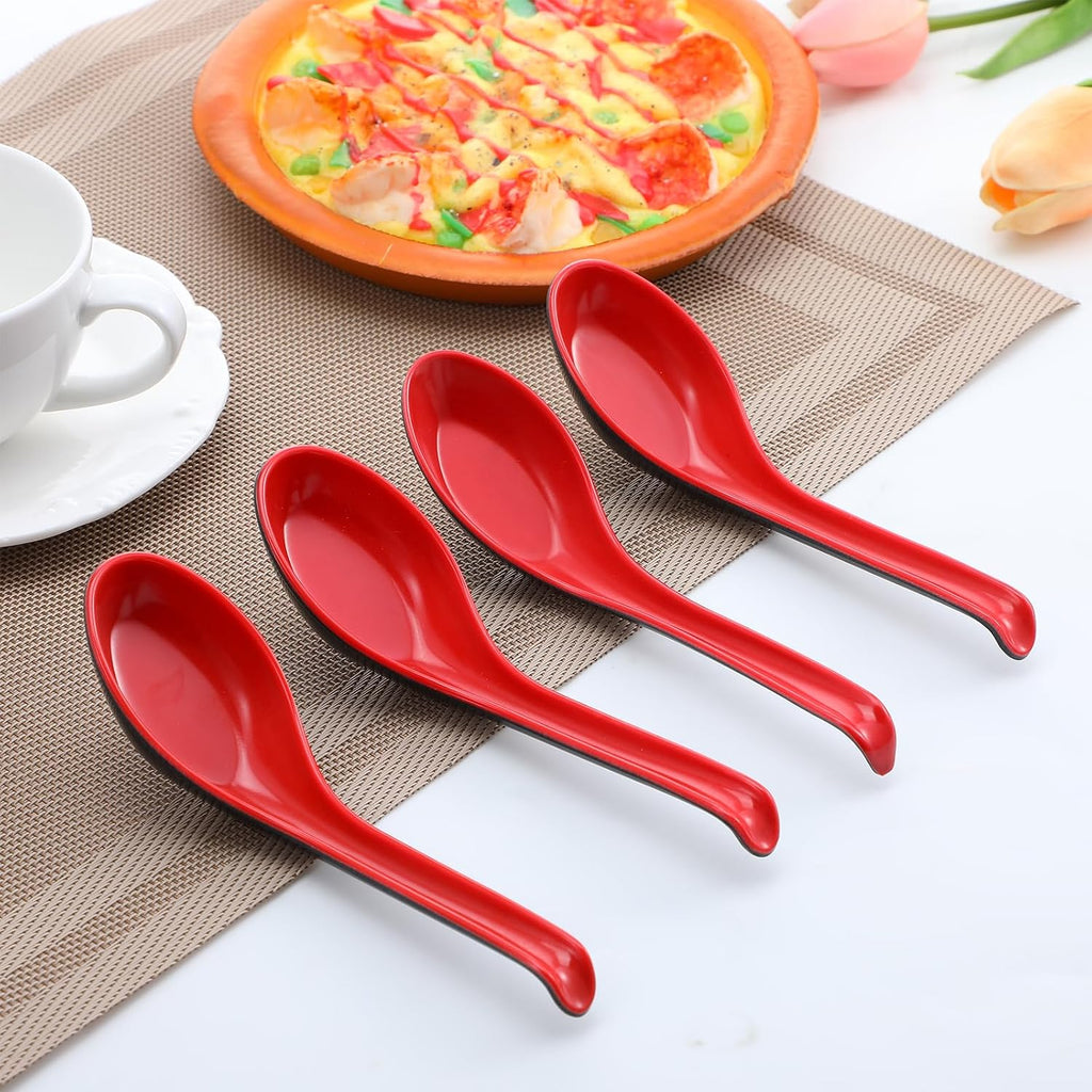 8PCS Asian Soup Spoons with Hook  6.7in Red and Black Chinese Soup Spoons Japanese Ramen Spoon Chinese Wonton Soba Melamine Rice Pho Ramen Noodle Spoon