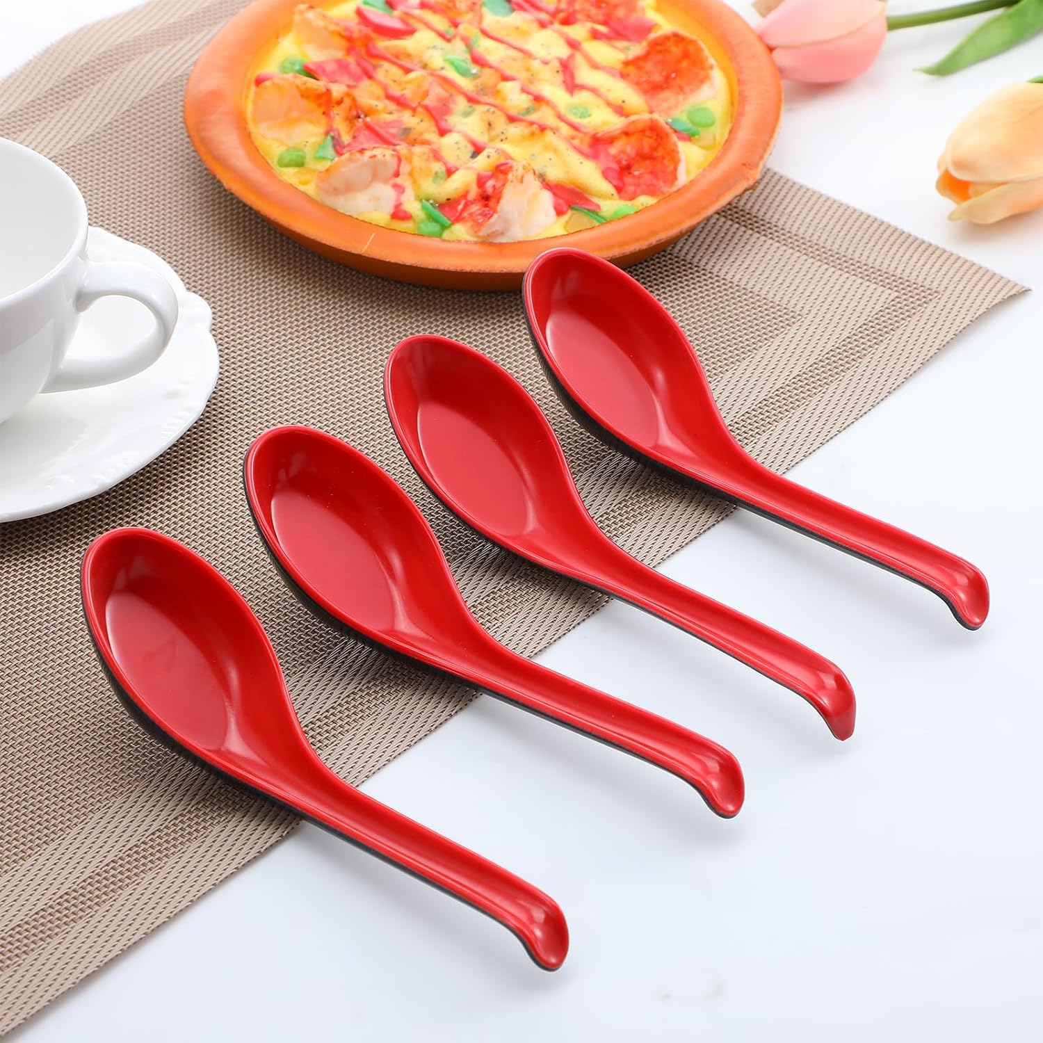 8PCS Asian Soup Spoons with Hook  6.7in Red and Black Chinese Soup Spoons Japanese Ramen Spoon Chinese Wonton Soba Melamine Rice Pho Ramen Noodle Spoon