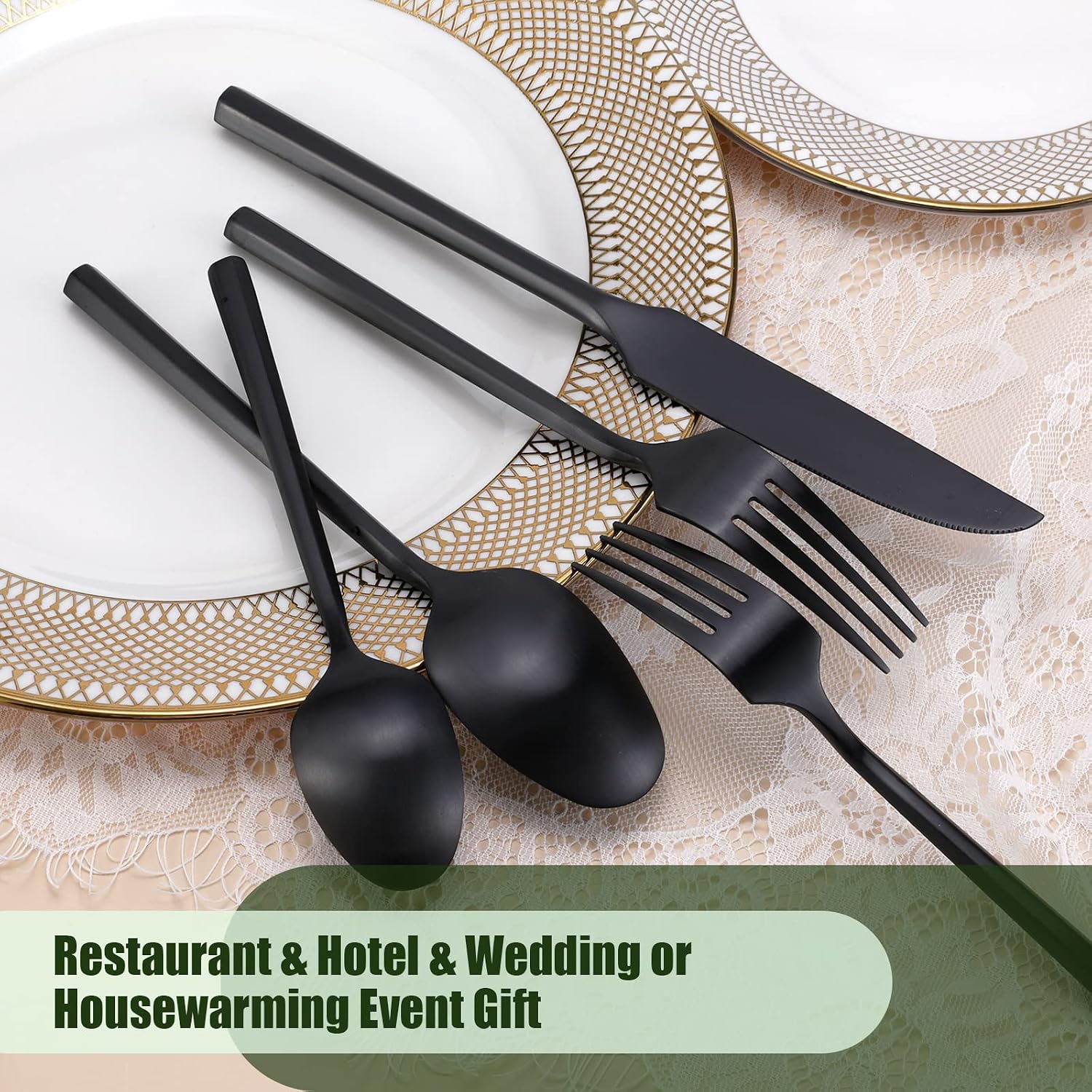 DEACORY Silverware Set Flatware Set Matte Black Cutlery Set Brushed Finished Hexagon Handle Heavy Stainless Steel 40 Pieces Dishwasher Safe Service for 8