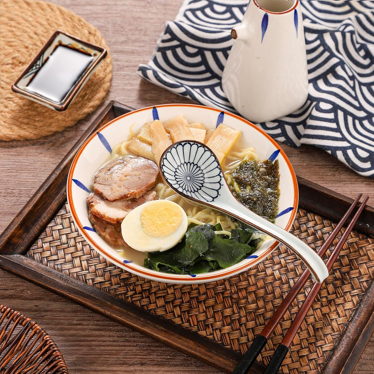 WHJY Asian Soup Spoon  Ceramic Ramen Spoon  Ramen Soup Spoon  Chinese Ceramic Spoons  Miso Soup Spoons Dumpling - Set of 4 Flora