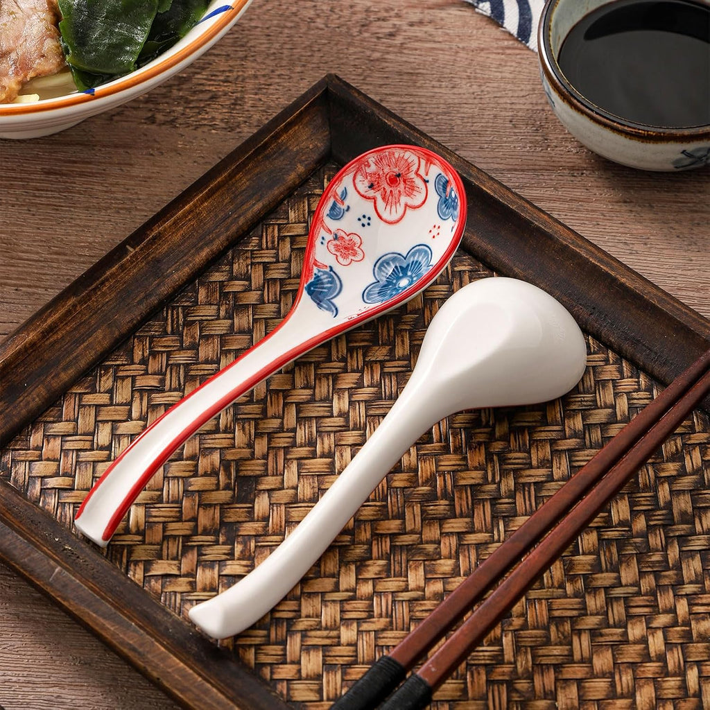 WHJY Asian Soup Spoon  Ceramic Ramen Spoon  Ramen Soup Spoon  Chinese Ceramic Spoons  Miso Soup Spoons Dumpling - Set of 4 Flora