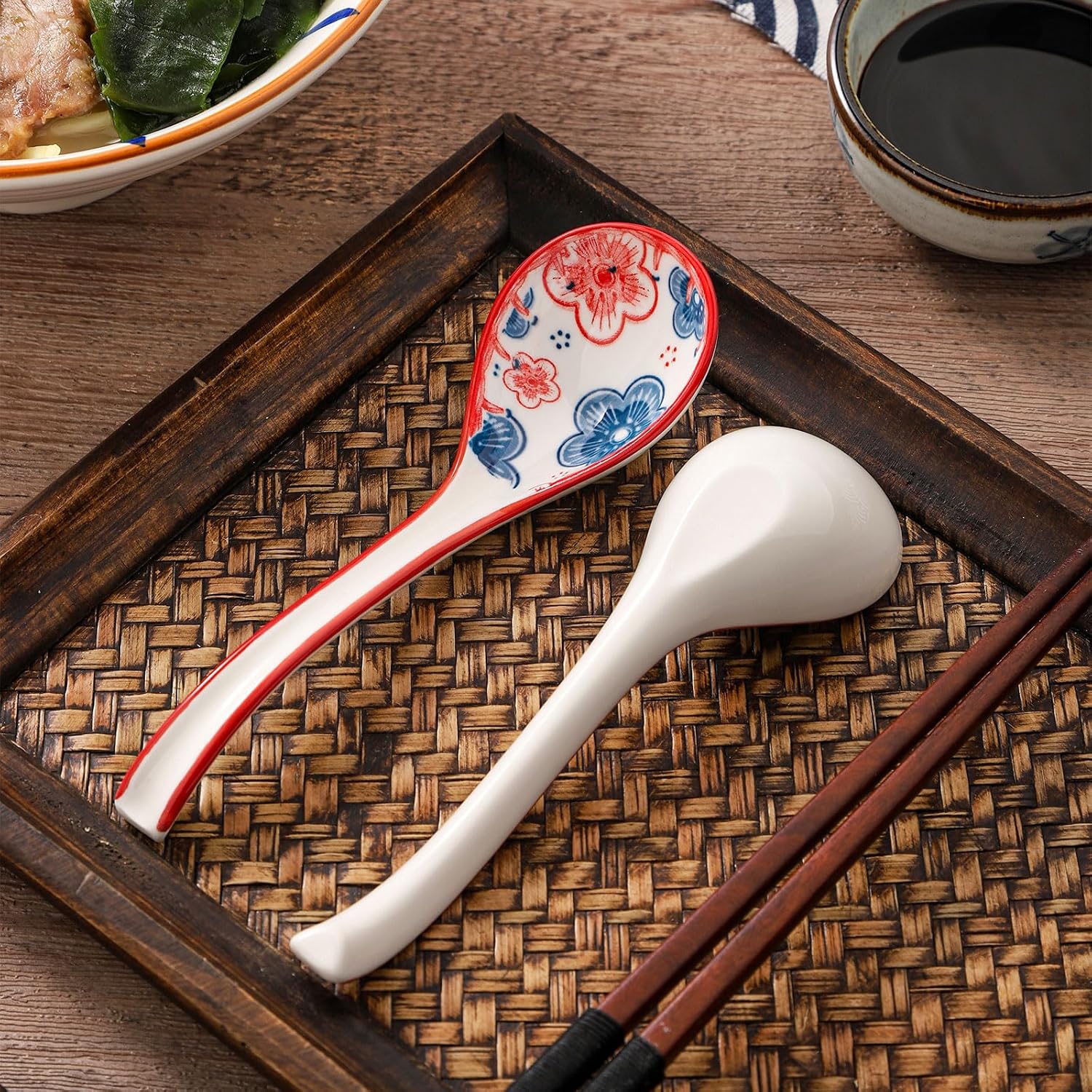 WHJY Asian Soup Spoon  Ceramic Ramen Spoon  Ramen Soup Spoon  Chinese Ceramic Spoons  Miso Soup Spoons Dumpling - Set of 4 Flora