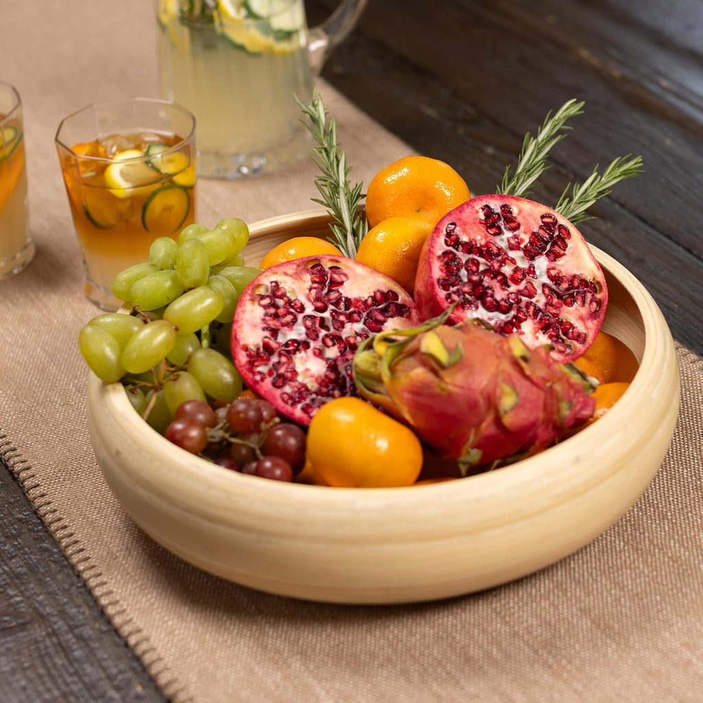 LEXA 12" Handmade Natural Bamboo Wooden Fruit Bowl for Kitchen Counter - 130 oz Lightweight Large Bamboo Wood Salad Bowl