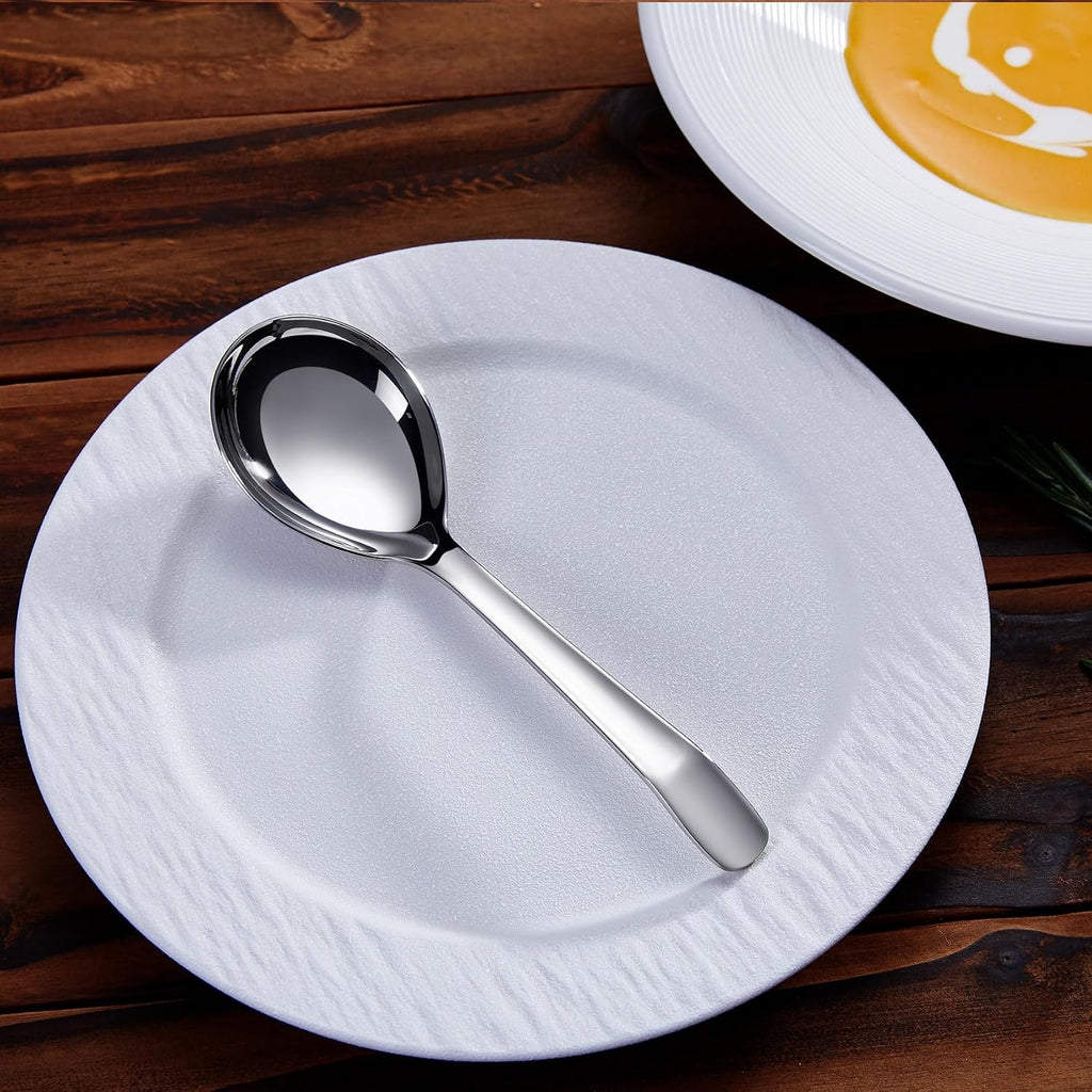 KEAWELL Premium 7.3 Inches Soup Spoons with Hook Handle  Set of 4  18/10 Stainless Steel  Deep Bowl  Perfect for Ramen  Pho  Miso  Dumplings  Noodles  Wonton  Dishwasher Safe (Curved-Handle)