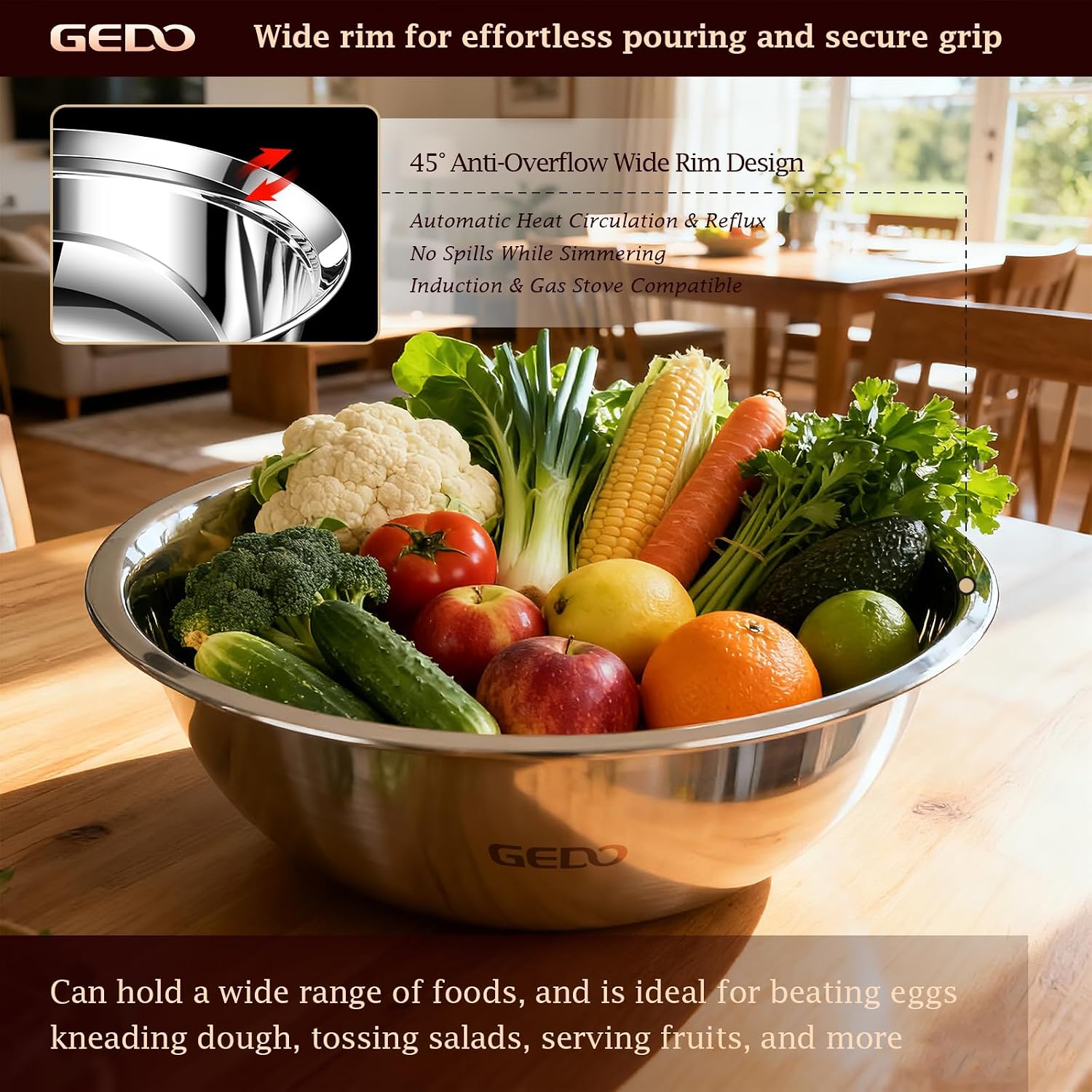 GEDO Stainless Steel 3 Pieces Mixing Bowls Set  316L Grade  Silver  Nesting Design  Professional Kitchen Bowls