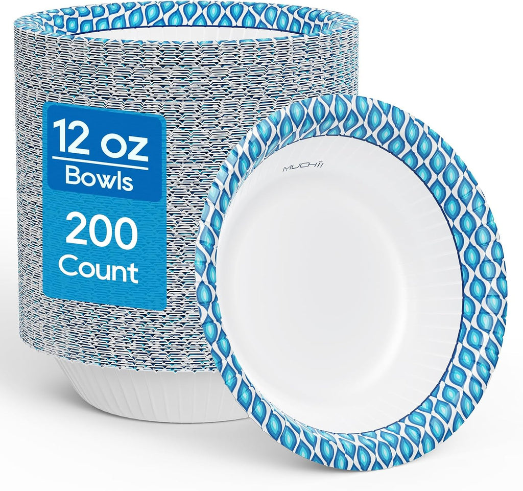 MUCHII 12 Oz Paper Bowls 200 Counts Disposable Bowls  Printed Soak Proof Small Bowls for Breakfast  Lunch  and Dinner Meals