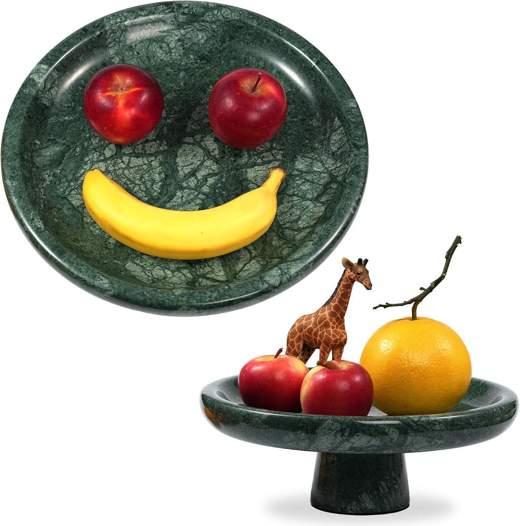 Marble Fruit Bowl for Kitchen - 9.9" Green Decorative Stone Pedestal Bowls for Home Decor  Footed Fruits Holder For Dining Table Counter Organization